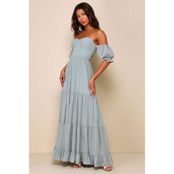 Lulus Exceptionally Gorgeous Sage Chiffon Off-the-Shoulder Maxi Dress Size XL NW - Picture 3 of 8